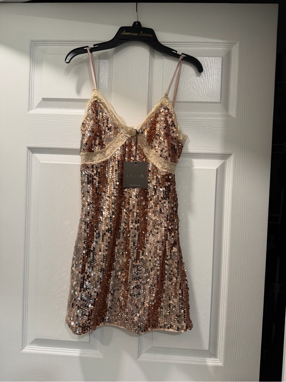Le Lis Rose Gold Sequin Slip with Lace Trim